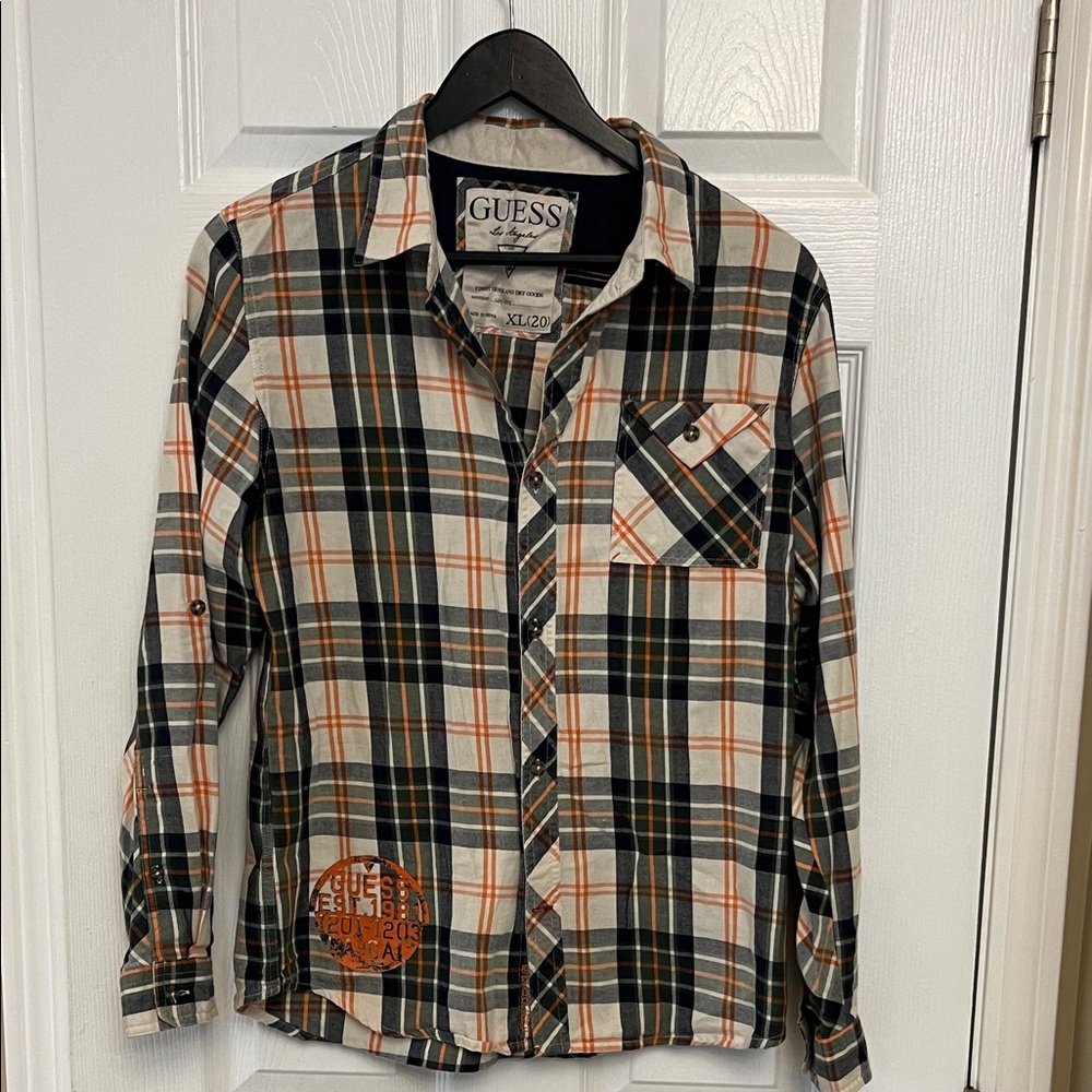 GUESS Men's Casual Plaid Shirt - Navy, Green, Orange, and Cream. XL 20.